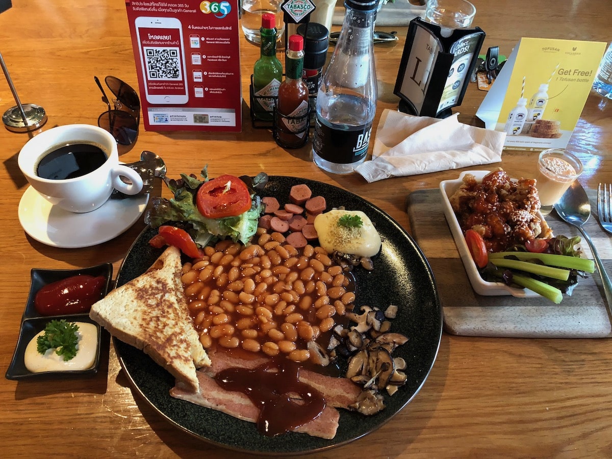 Cost of Living in Bangkok (& The Lies That Bloggers Tell) • vegan breakfast Vegan full English breakfast with a coffee and cauliflower wings