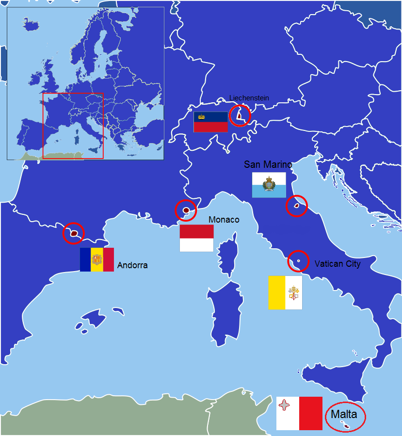 a map of the microstates of Europe with a flag for each country.