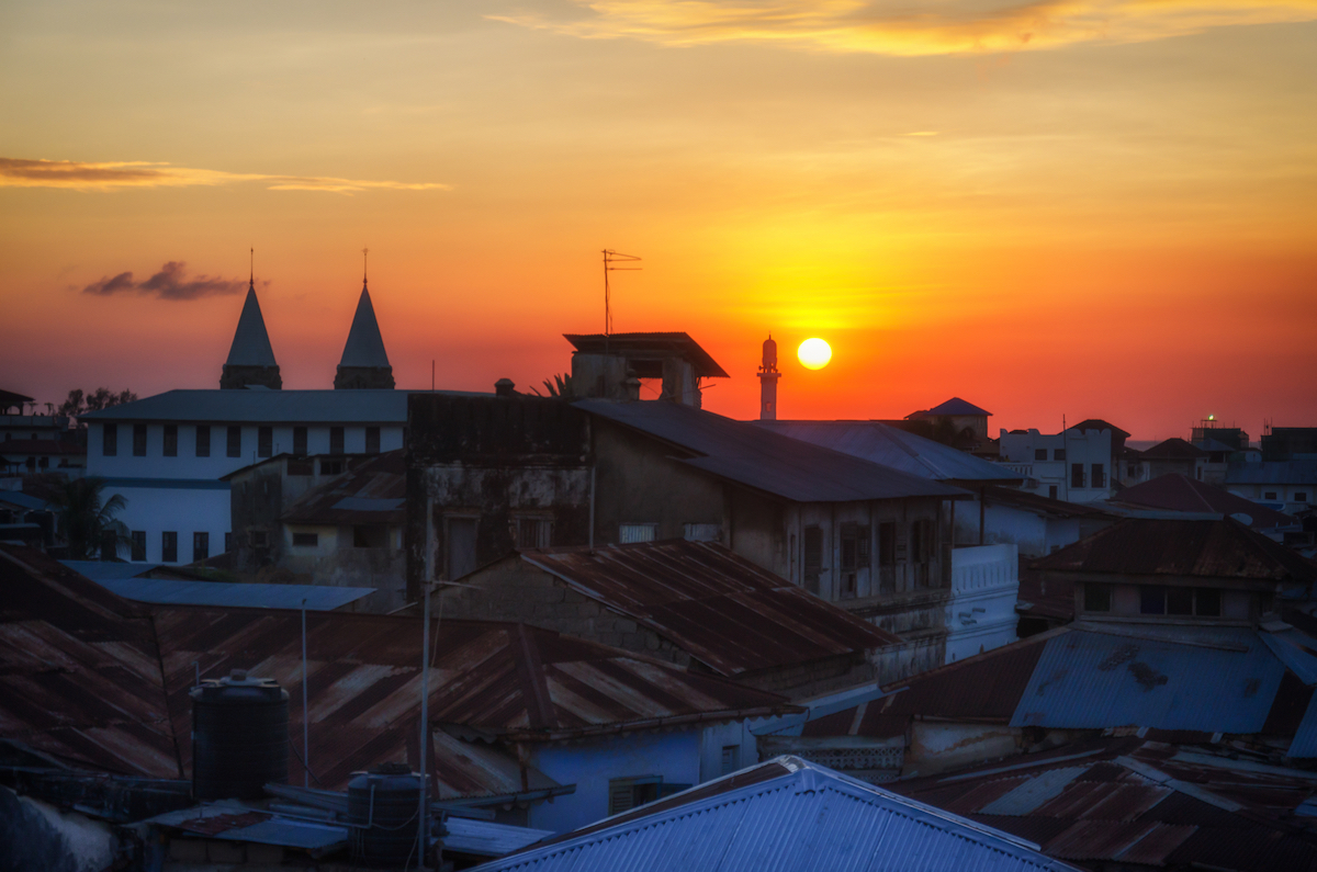 The sun sets on our first night in Zanzibar, as viewed from the rooftop restaurant at the Emerson Spice Hotel.