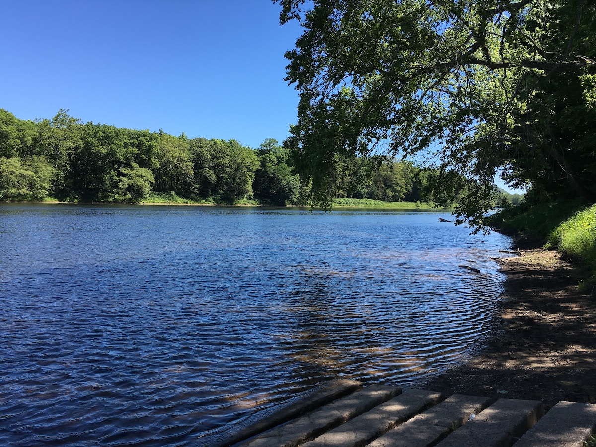 Trees and greenery surround a pristine lake