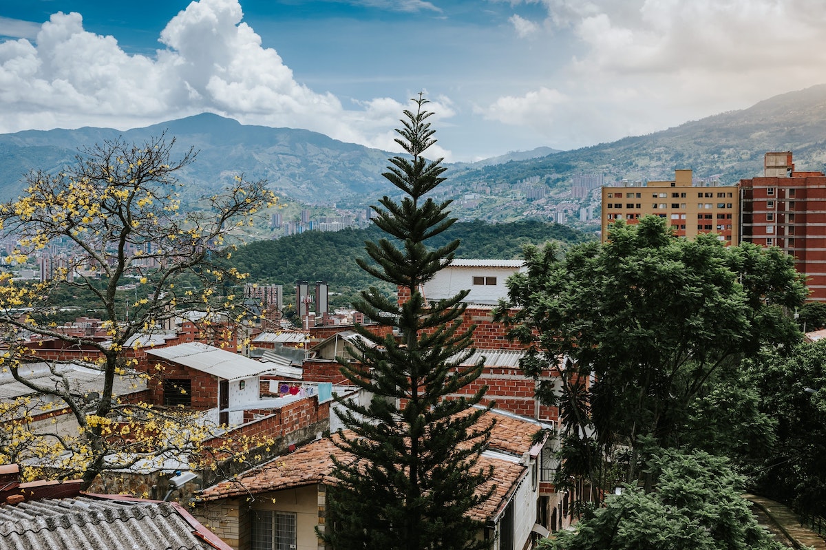 Beautiful landscape of trees and hills overlooking a city. 