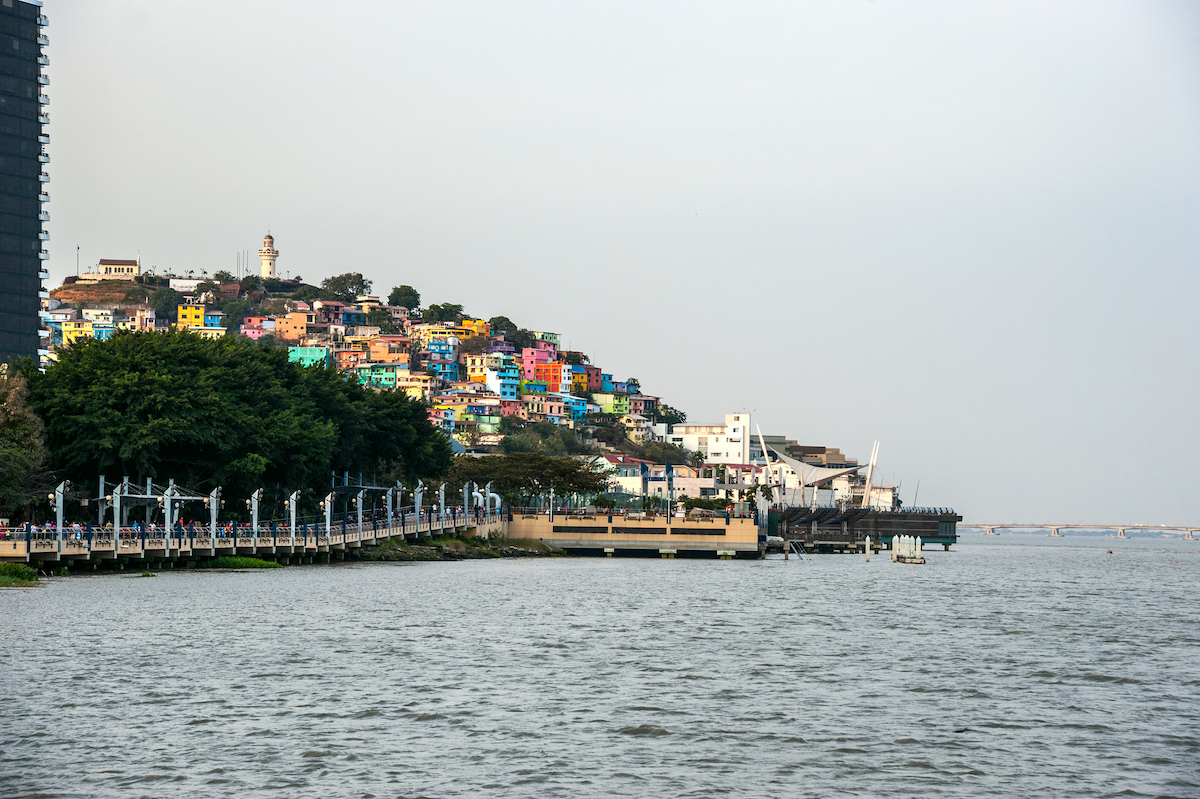 View of Santa Ana hill and the Las Penas neighborhood in Guayaquil, Ecuador with a lighthouse on top