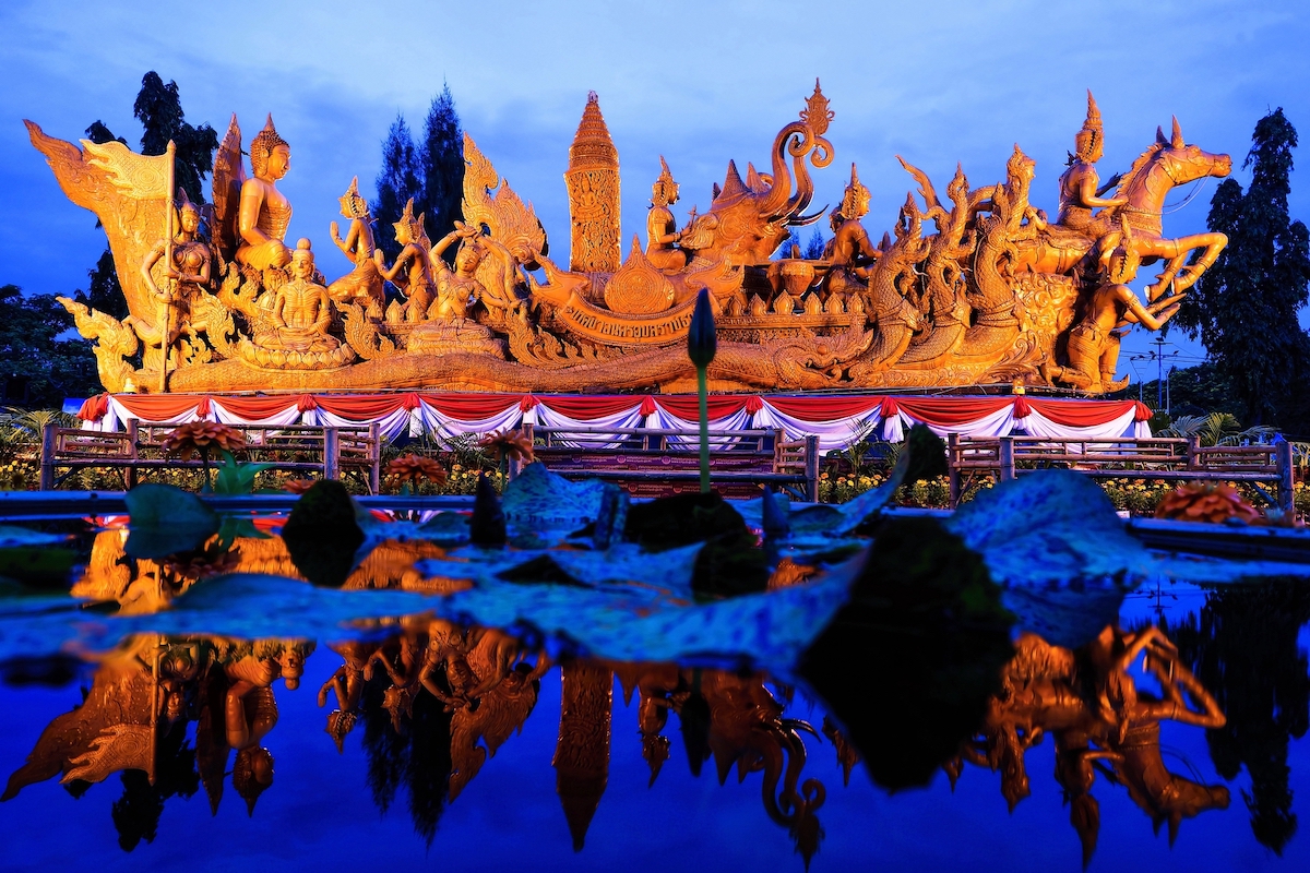 A beautiful large golden sculpture made of wax is on display at the Ubon Ratchathani Candle Festival in Thailand.